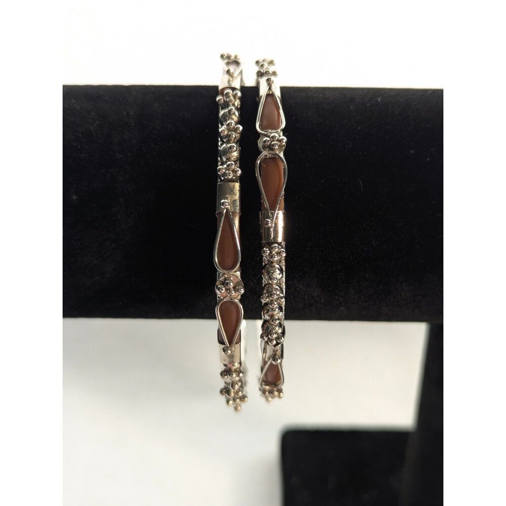 Silver Tone and Chestnut Acrylic Bangle Bracelet Set of Two 8 inch - Picture 2 of 7